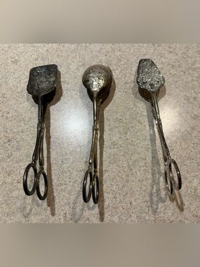 EP Zinc- Antique Silver-Plated Tongs Trio - Ornate Floral Tips- Made in Italy